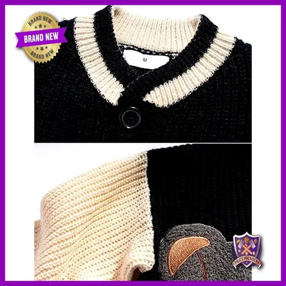 Loose Fit Cardigan Sweater with Bear Embroidery, Button Front, Long Sleeve - Picture 3 of 6